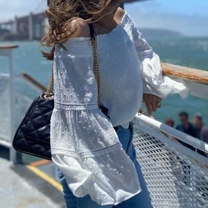 Lulu’s White Lace Bell Sleeve Off-the-Shoulder Top